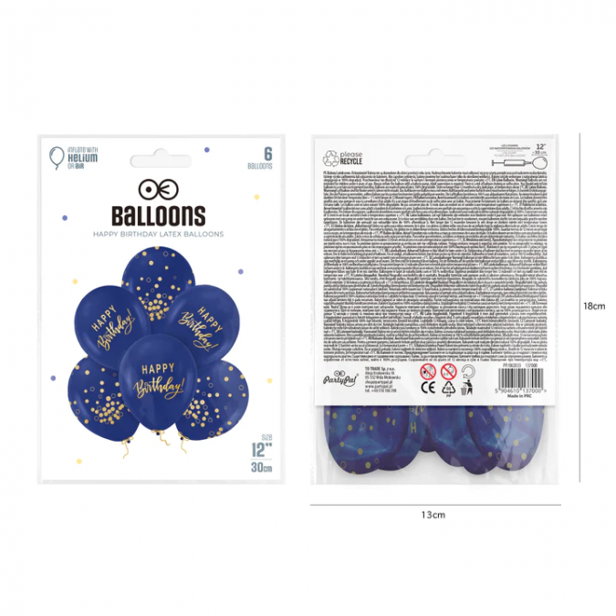 Комплект 6 бр. балони с надпис Happy Birthday, в тъмно сини и златни цветове /Pp/