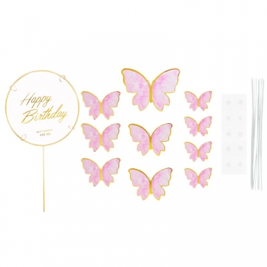 Декорация за торта Пеперуди с текст Happy Birthday в розово и златно /Pe/