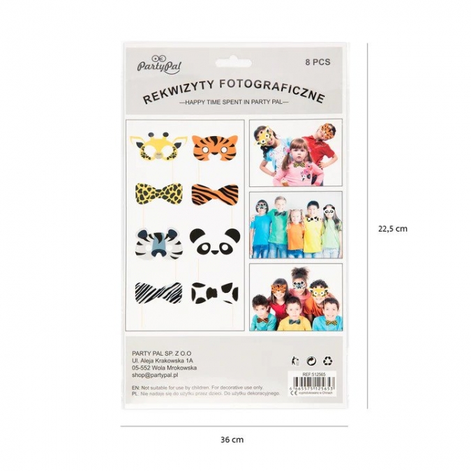 Пропсове за забавни снимки и декорация Сафари, зебра, тигър, панда, жираф, 8 бр. в опаковка /Pp/