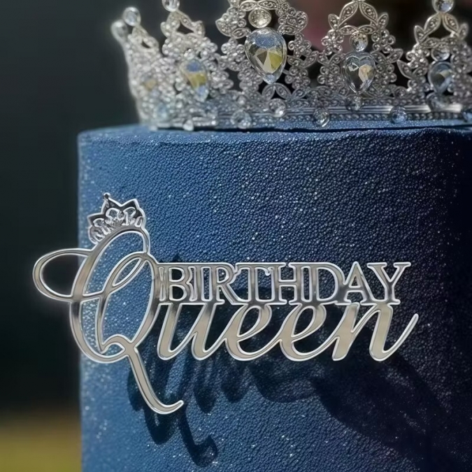 Декорация, топер за торта, фронтален, Birthday Queen, цвят сребро /Tm/