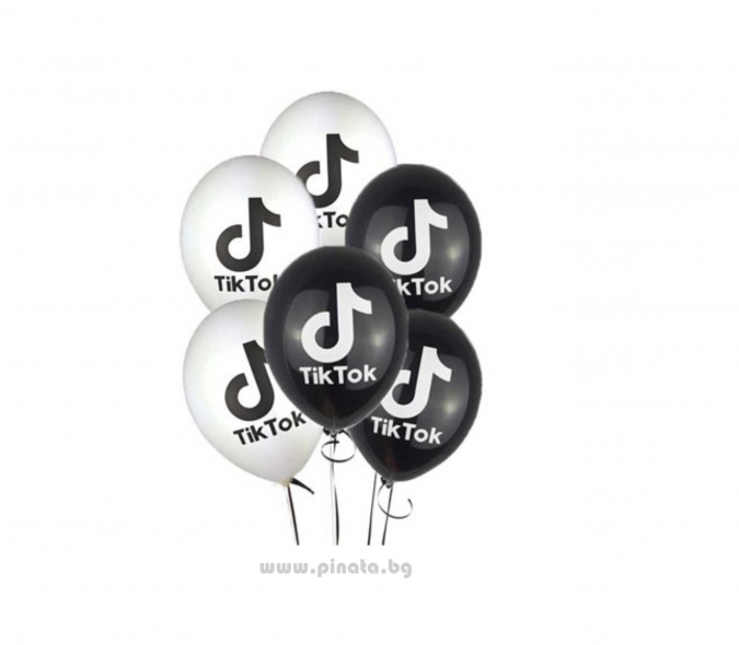 К-кт балони с печат Тик Ток, 26 см. диаметър, 10 бр. в опаковка, цвят черен /Gx/