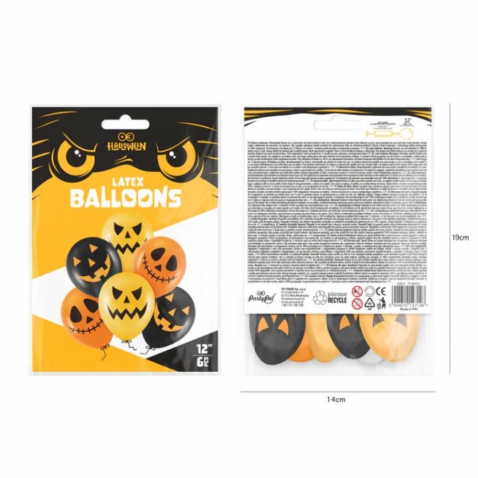 Комплект 6 бр. оранжеви и черни балони с печат, Хелоуин /Pp/