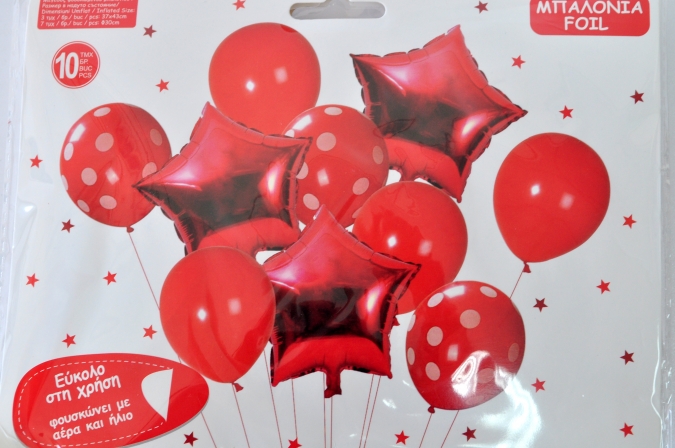 Комплект 10 бр. балони червени с бели точки и звезди - 3бр фолио, 7бр пастел /mb/