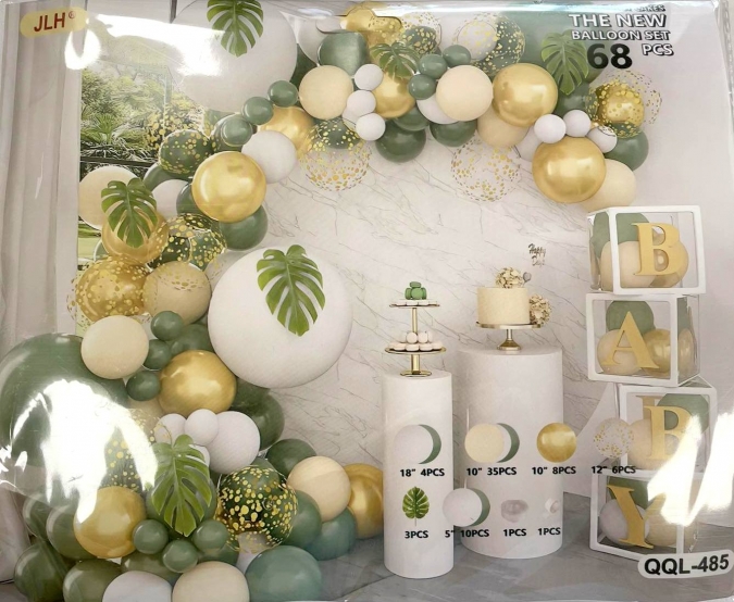 Комплект за украса тип арка, 68 бр. балони в зелено, бяло, лате и злато /Gx/