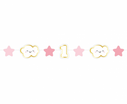 Банер гирлянд за декорация с текст First Birthday / Първи рожден ден, 1,20 м дължина, цвят розов момиче /Gd/