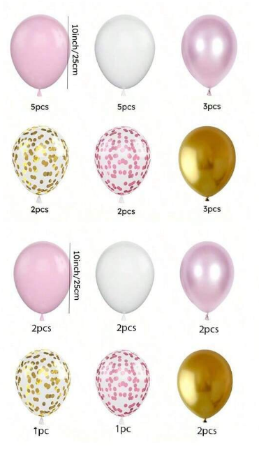 Комплект с балони тип арка, 20бр. балони в розово, златно хром, бяло и прозрачни с конфети /Ch/