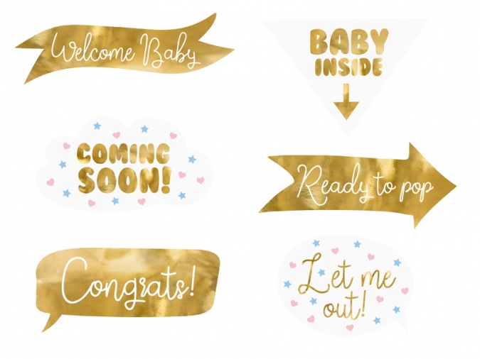 Пропсове за снимки "Baby Shower", Очаквано раждане бебе, златни, 6 бр. в опаковка /Pd/