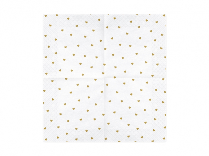Парти салфетки бели със златни сърца, 33х33 см, 20 бр. в пакет /Pd/