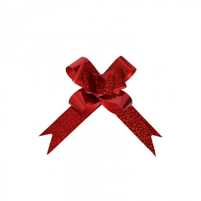 Панделка холограмна лента за подаръци с издърпване, цвят червен /Km/