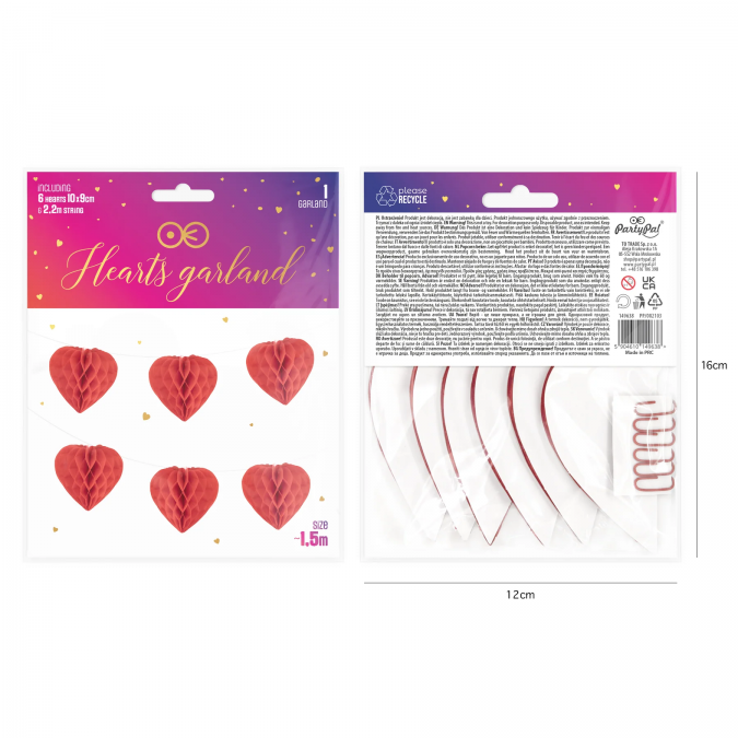 Гирлянд от сърца тип пчелна пита, Св.Валентин, 9х150см /Pp/