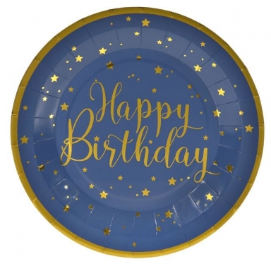 Хартиена чинийка  в крафт и синьо Happy Birthday в златно, 6бр. в пакет /Mb/