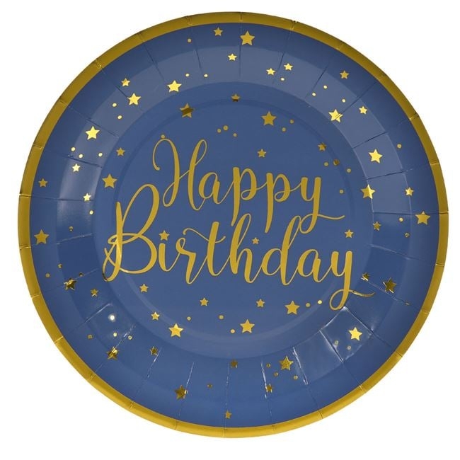 Хартиена чинийка  в крафт и синьо Happy Birthday в златно, 6бр. в пакет /Mb/