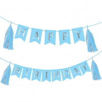 Банер комплект Happy Birthday / Честит Рожден Ден, син със сребърни букви и 4 пискюла за декорация /mb/