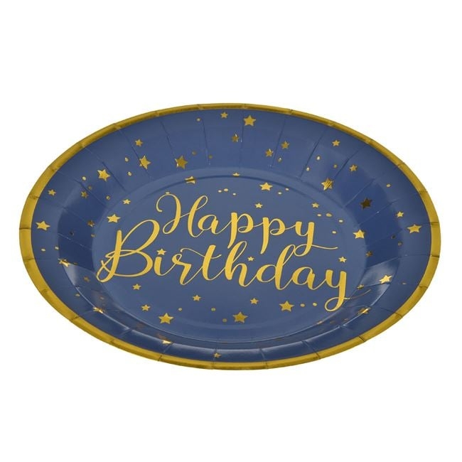 Хартиена чинийка  в крафт и синьо Happy Birthday в златно, 6бр. в пакет /Mb/