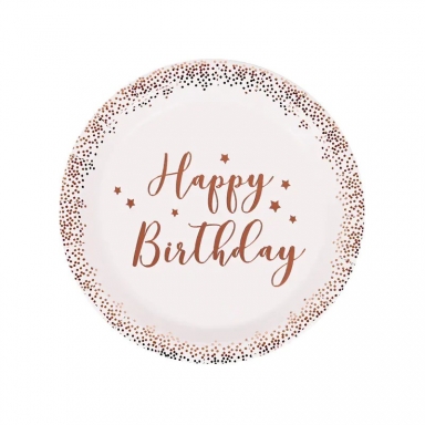 Хартиена чинийка Happy Birthday, в розово злато, 10бр. 22,5см /Km/