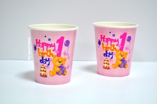 Хартиена парти чашка Честит първи рожден ден мече момиче бебе, 8 бр. в опаковка