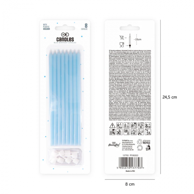 Свещички, дълги сини, 8 бр. в опаковка /Pp/