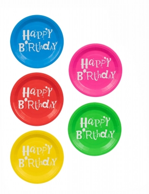Хартиени парти чинийки 23 см, 25 бр. пакет микс цветове с надпис Happy Birthday /mb/