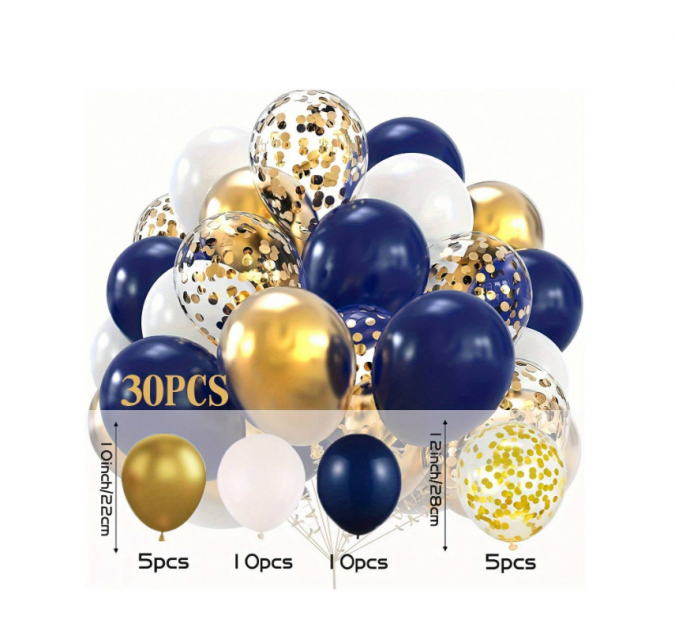 Комплект с балони тип арка, 30бр. балони в бяло, тъмно синьо, златно хром и конфети /Ch/