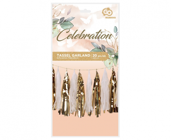 Гирлянд от 20 бр. тасели, лъскави златни и бели цветове, 36х250см /Gd/
