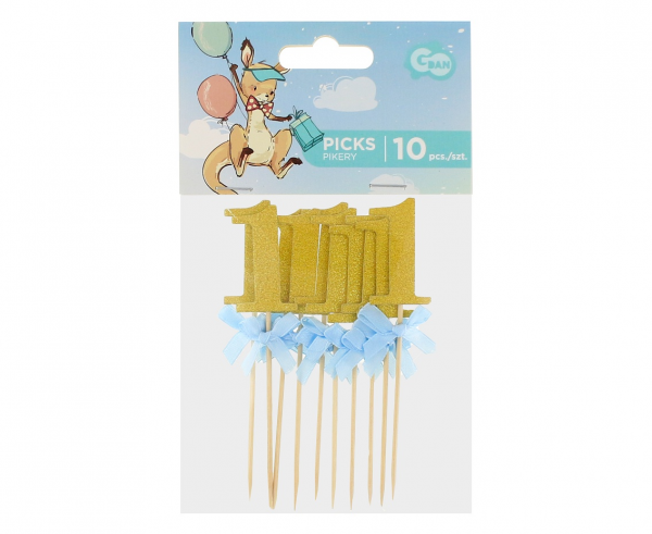 Топер за мъфини Първи рожден ден бебе момче, 10 бр. в опаковка брокат със синя панделка /GD/