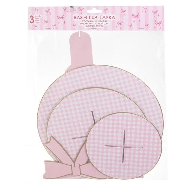 Стойка за мъфини розово каре, с панделка и златен кант /Mb/