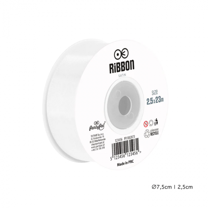 Сатенена лента, цвят бял, 2,5х23м /Pp/
