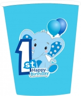 Хартиена парти чашка 250 мл Слонче Първи рожден ден момче цвят син бебе/ First Birthday Elephant, 8 бр. в опаковка