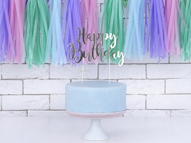 Декорация за торта с текст Happy Birthday в огледално сребърно, 22,5см /Pd/