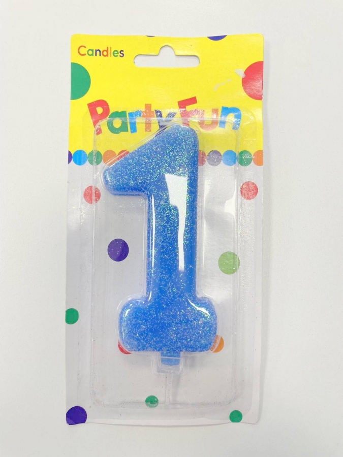 Свещ гига с брокат, цифра 0 цвят син /Gx/