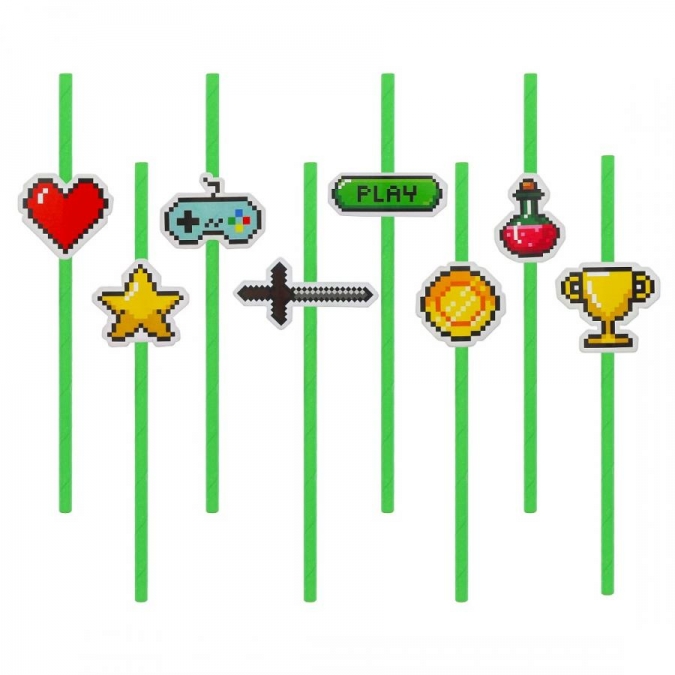 Картонени сламки Геймърски рожден ден, Майнкрафт, Game On 19,5 см, 8 бр. /Gd/