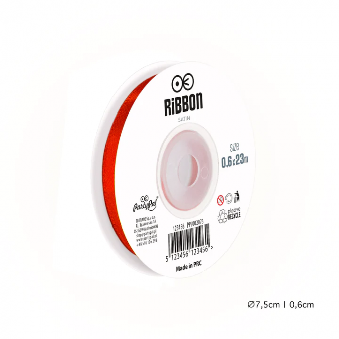 Сатенена лента, цвят червен, 0,6х23м /Pp/