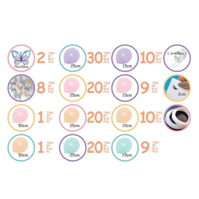 К-т за украса тип арка, 140 бр., фолиеви и латексови балони в пастелни цветове и пеперуди /Mb/