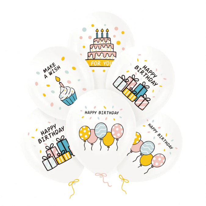 Комплект 6 бр. балони с надпис Happy Birthday, микс пастелни цветове /Pp/