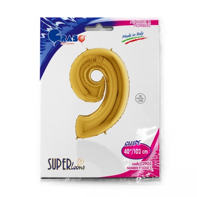 Фолиев балон цифра 9, цвят злато, 102см, Grabo Италия