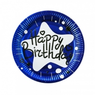 Хартиена парти чинийка Happy Birthday, синя фолио 23 см, 10 бр. в пакет /Km/