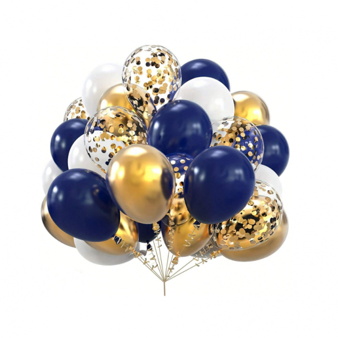 Комплект с балони тип арка, 30бр. балони в бяло, тъмно синьо, златно хром и конфети /Ch/