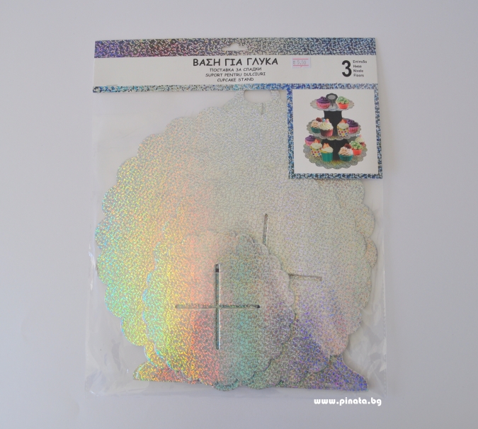 Стойка за мъфини три нива, сребърна холограмна /Gx/