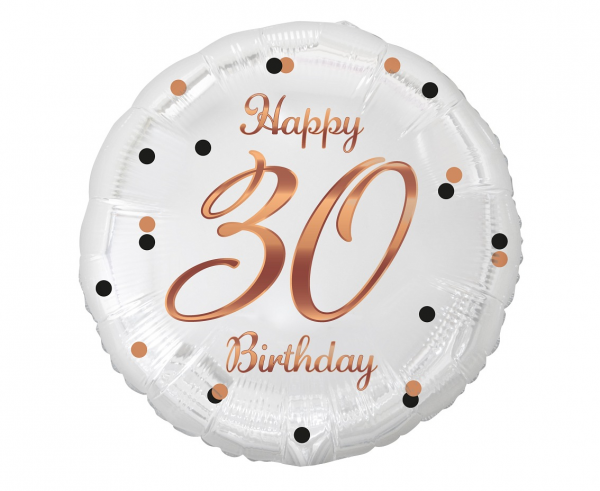 Фолиев балон, бял с надпис Happy Birthday 30 години в розово злато, 45 см, /Gd/