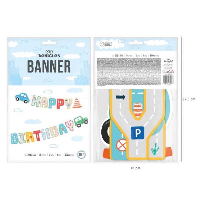 Банер гирлянд Транспортни средства, коли, с букви Happy Birthday, 2,50 м /Pp/