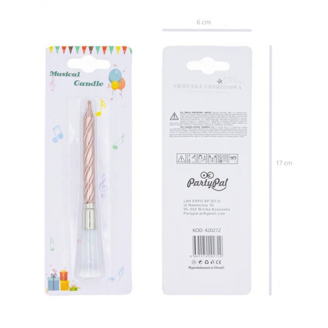 Музикална, пееща свещ цвят розово злато /Pp/