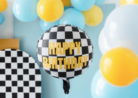 Фолиев балон Състезателни коли, кариран флаг, Happy Birthday, 45см, /Pd/