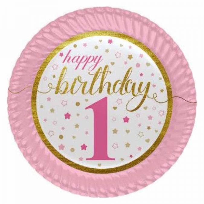 Хартиена парти чинийка Първи Рожден Ден момиче  бебе23 см, 8 бр. в опаковка