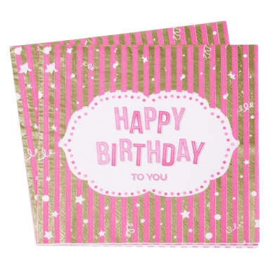 Парти салфетки Рожден Ден / Happy Birthday розови със злато, 12 бр. в пакет /mb/