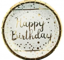 Хартиена чинийка Happy Birthday бяла със злато премиум, 23 см 6 бр. пакет
