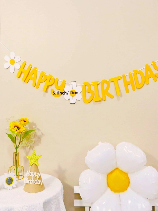 Банер/гирлянд Маргаритки филц, с текст Happy Birthday /Ch/