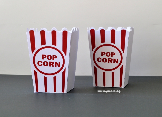 Парти кутийка за пуканки с червени ленти и надпис Popcorn, 3 бр. в опаковка