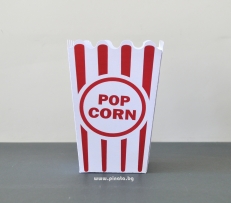 Парти кутийка за пуканки с червени ленти и надпис Popcorn, 3 бр. в опаковка