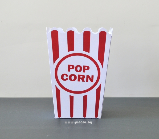 Парти кутийка за пуканки с червени ленти и надпис Popcorn, 3 бр. в опаковка