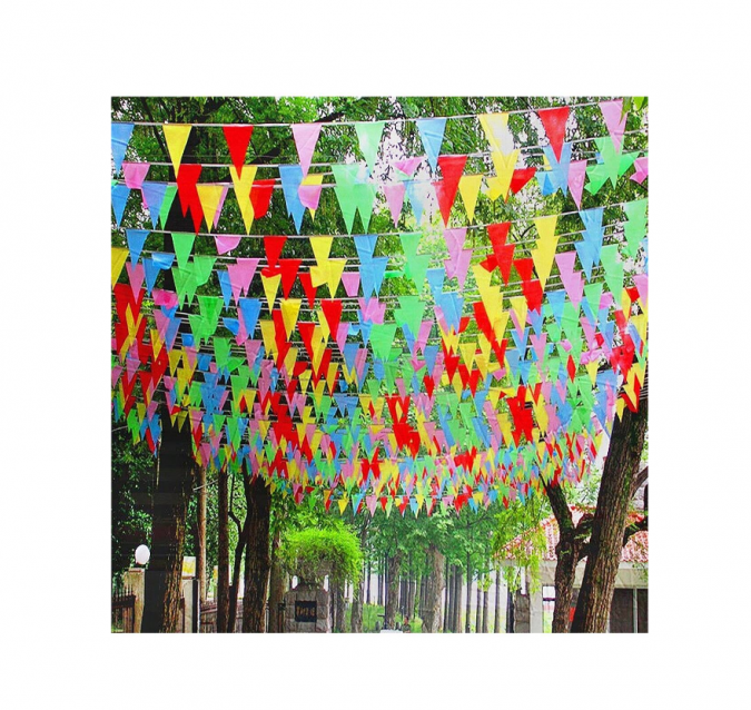 Банер гирлянд за външна декорация, 50м, 100 шарени триъгълни флагчета /Ch/